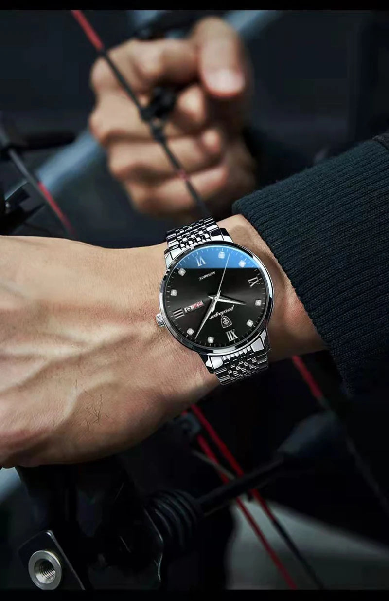 POEDAGAR Stainless Steel Men Quartz Wristwatch Waterproof Luxury Brand Fashion Sport Luminous Mens Watches Calendar Gifts Clocks