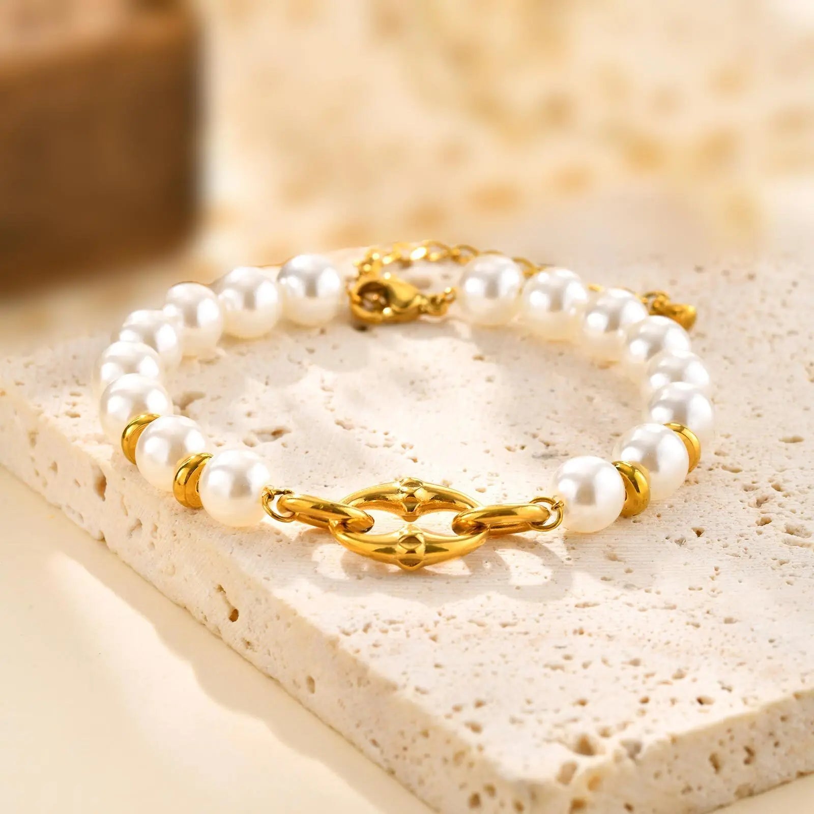 Statement Gold Plated Pearl Beaded Bracelets for Women, Waterproof Link Handmade Wristband Trendy Jewelry