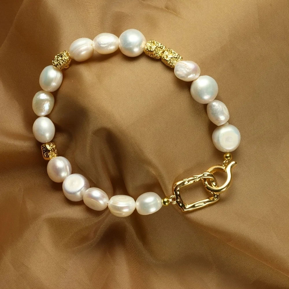 YWYC 8-9mm Baroque Natural Freshwater Pearl Bracelets Geometric Pattern Buckle Women's Hand Bracelet Jewelry Gift Wholesale