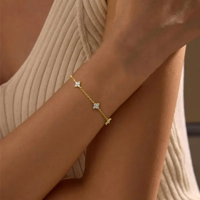 18k Gold Plated Cz Four-leaf Flower Bracelet for Women Girl Dainty Adjustable Link Chain Bracelets Charm Luxury Trend Jewelry