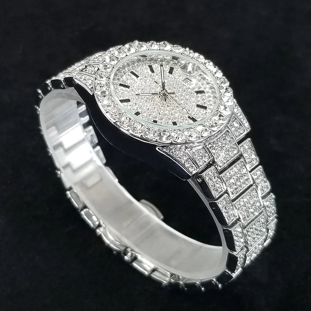 Elegant Full Diamond Female Watches Fashion Silver Round Stainless Steel Quartz Watch Iced Out Shiny Waterproof Gift for Women