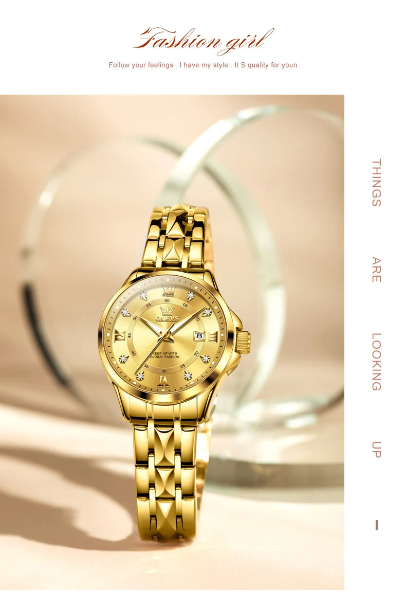 OLEVS Elegant Luxury Watches for Women Original Stainless Steel Calendar Luminous Waterproof Quartz Fashion Trend Ladies Watch