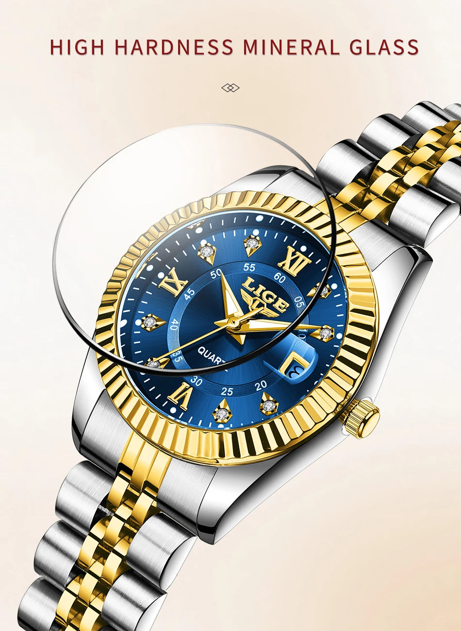 LIGE Fashion Woman Watch Stainless Steel Waterproof Auto Date Elegant Ladies Wristwatch Luxury Original Quartz Watch for Women