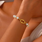 Statement Gold Plated Pearl Beaded Bracelets for Women, Waterproof Link Handmade Wristband Trendy Jewelry