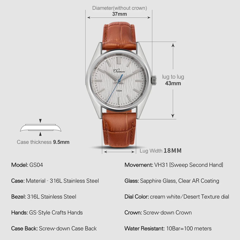 Chameri GS04 Quartz Watch VH31 Sweep Second Movement Couple Watches Sapphire Crystal Waterproof 100m Stainless Steel Wristwatch