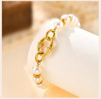 Statement Gold Plated Pearl Beaded Bracelets for Women, Waterproof Link Handmade Wristband Trendy Jewelry