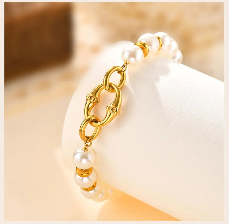 Statement Gold Plated Pearl Beaded Bracelets for Women, Waterproof Link Handmade Wristband Trendy Jewelry