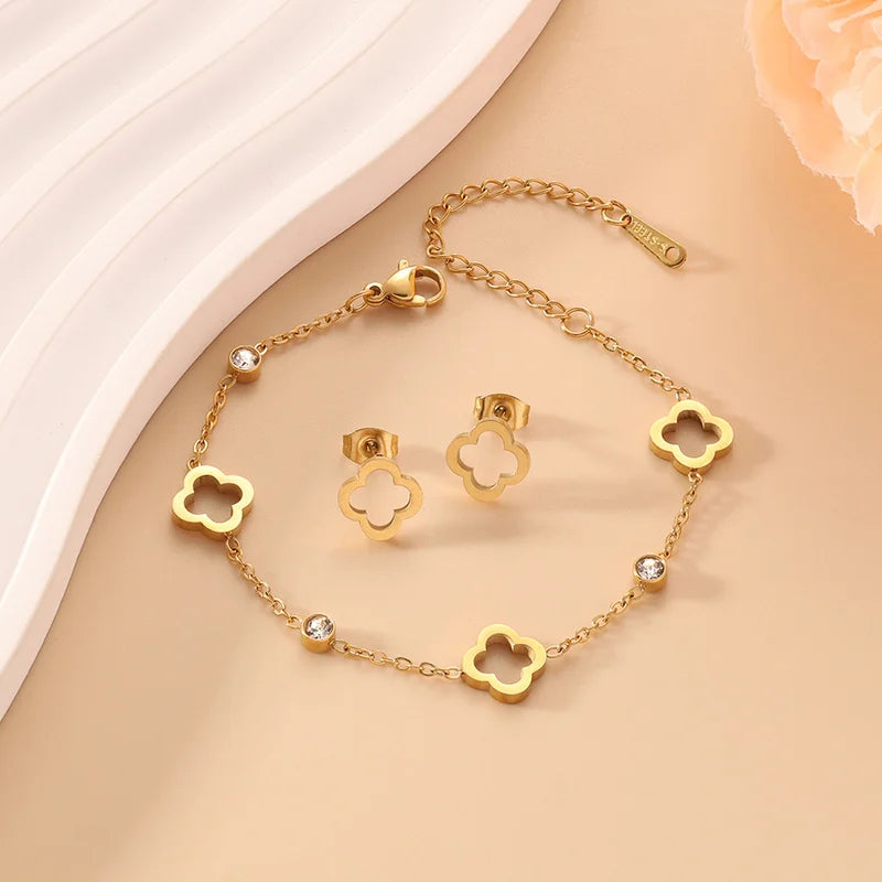 EVISPOL Fashion Stainless Steel Clover Flower Bracelet Set for Women Stylish Gold Color Bangles Earring Piercing Jewelry Gifts