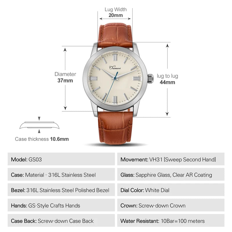 Chameri GS04 Quartz Watch VH31 Sweep Second Movement Couple Watches Sapphire Crystal Waterproof 100m Stainless Steel Wristwatch
