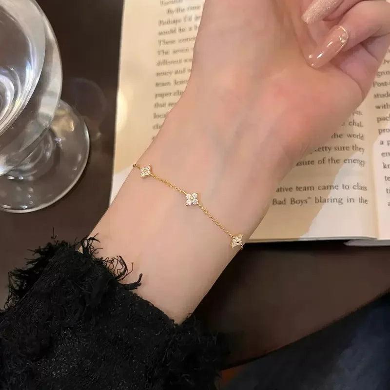 18k Gold Plated Cz Four-leaf Flower Bracelet for Women Girl Dainty Adjustable Link Chain Bracelets Charm Luxury Trend Jewelry