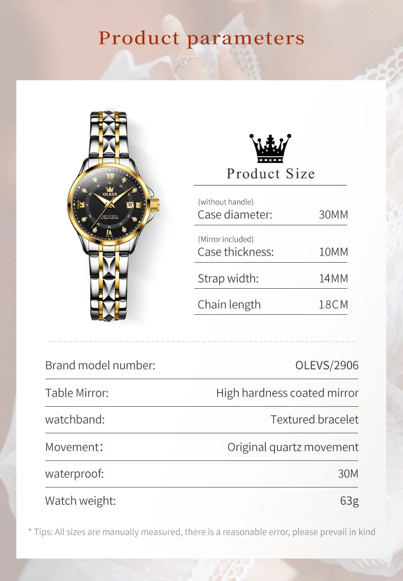 OLEVS Elegant Luxury Watches for Women Original Stainless Steel Calendar Luminous Waterproof Quartz Fashion Trend Ladies Watch