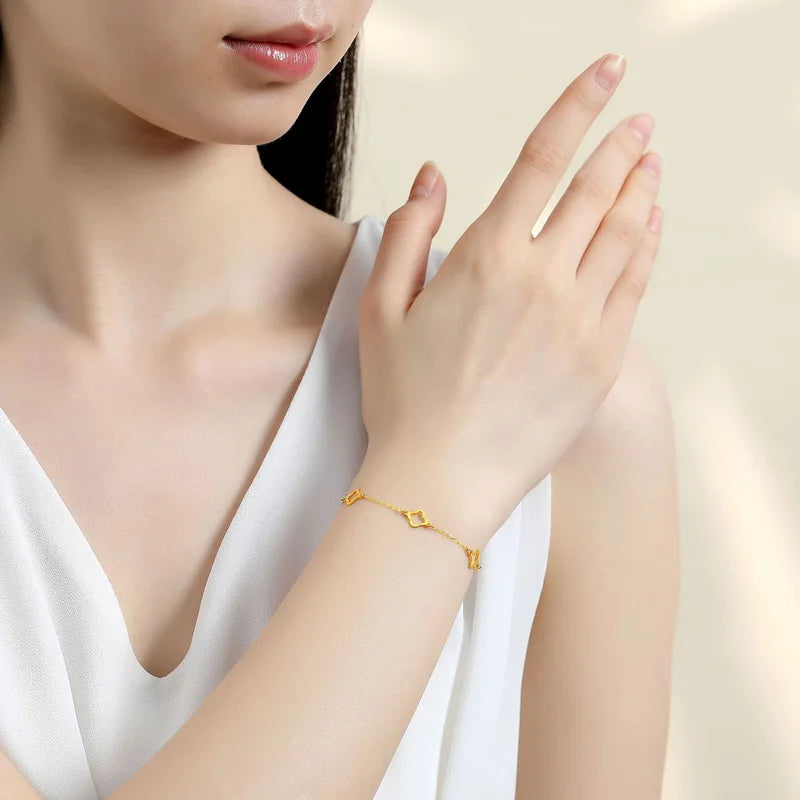 EVISPOL Fashion Stainless Steel Clover Flower Bracelet Set for Women Stylish Gold Color Bangles Earring Piercing Jewelry Gifts
