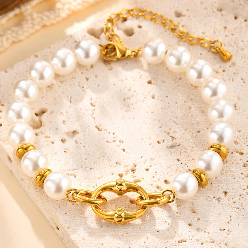 Statement Gold Plated Pearl Beaded Bracelets for Women, Waterproof Link Handmade Wristband Trendy Jewelry