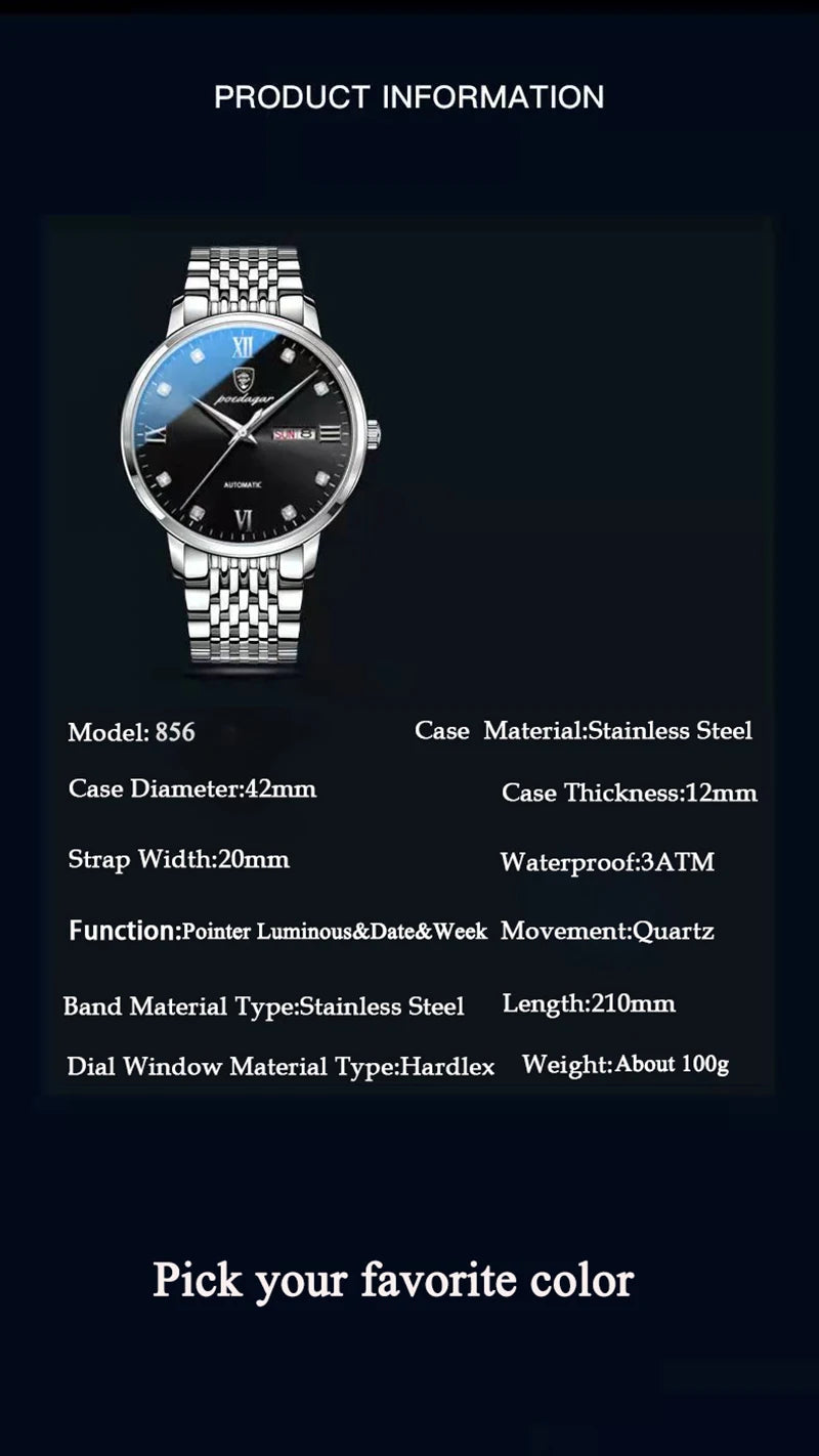 POEDAGAR Stainless Steel Men Quartz Wristwatch Waterproof Luxury Brand Fashion Sport Luminous Mens Watches Calendar Gifts Clocks