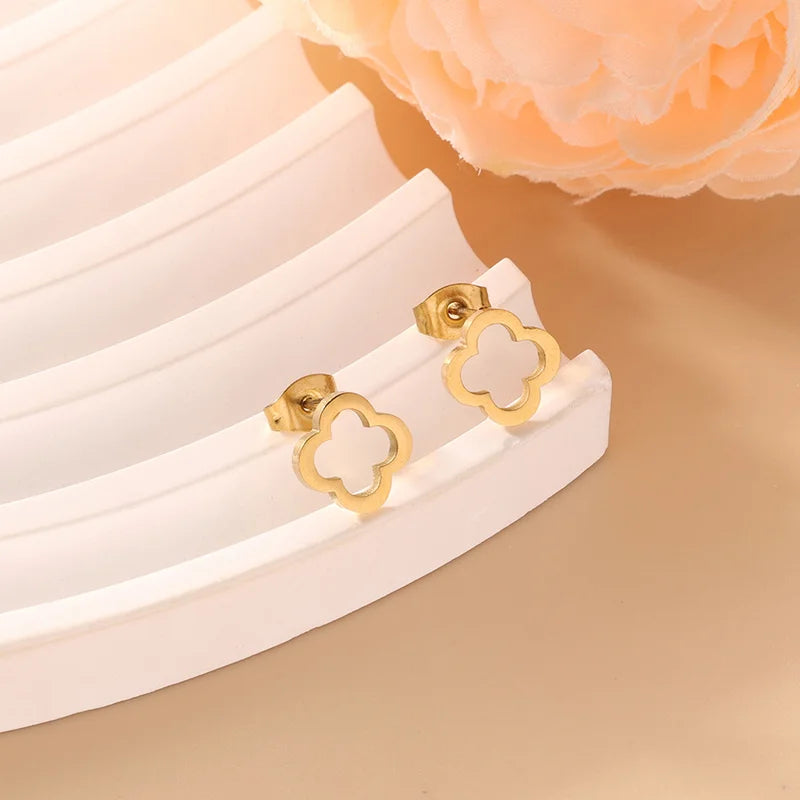 EVISPOL Fashion Stainless Steel Clover Flower Bracelet Set for Women Stylish Gold Color Bangles Earring Piercing Jewelry Gifts