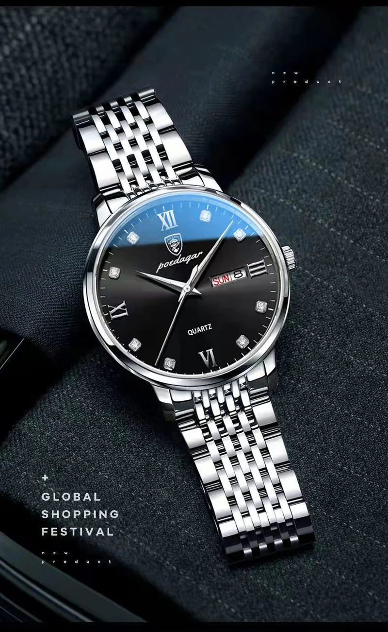 POEDAGAR Stainless Steel Men Quartz Wristwatch Waterproof Luxury Brand Fashion Sport Luminous Mens Watches Calendar Gifts Clocks