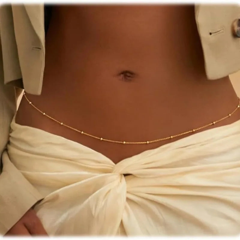 Waterproof Waist Chains for Women 14K Gold Plated STAINLESS STEEL Layered Cuban Pearl Satellite Beads Belly Belt Body Jewelry