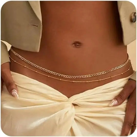 Waterproof Waist Chains for Women 14K Gold Plated STAINLESS STEEL Layered Cuban Pearl Satellite Beads Belly Belt Body Jewelry