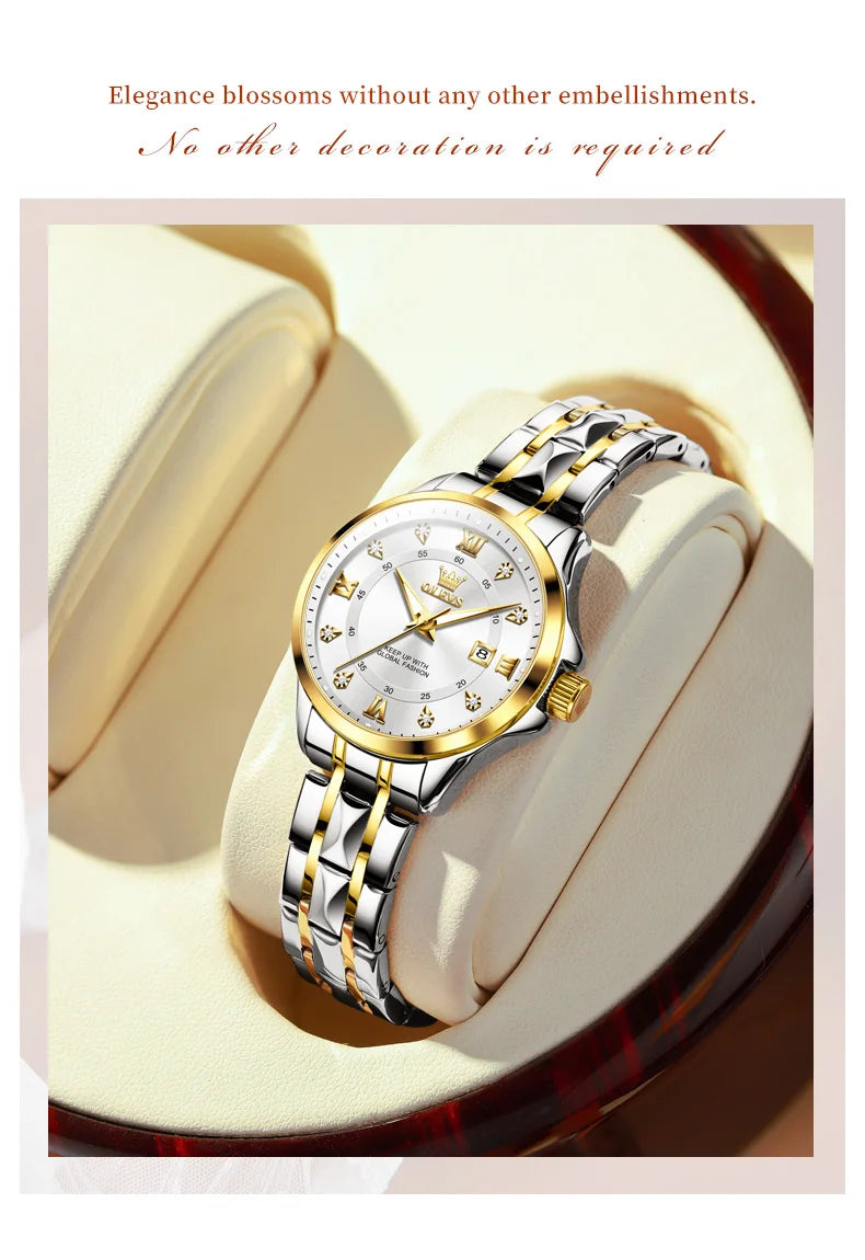 OLEVS Elegant Luxury Watches for Women Original Stainless Steel Calendar Luminous Waterproof Quartz Fashion Trend Ladies Watch