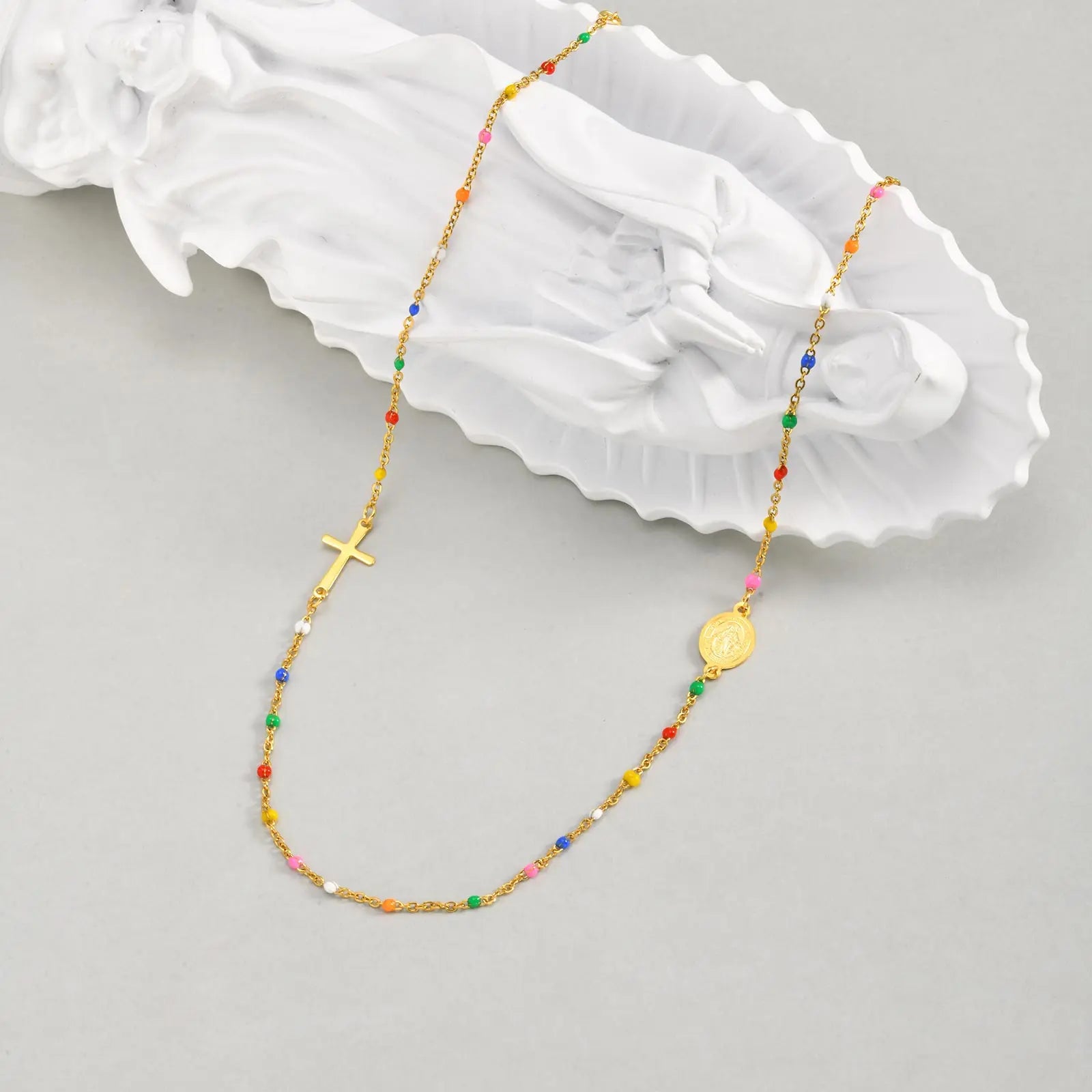 Bohemian Colored Bead Chains Virgin Cross Necklace for Women,Stainless Steel St. Benedict Cross Necklaces,Holy Christian Jewelry