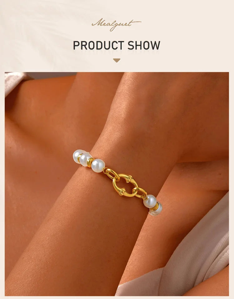 Statement Gold Plated Pearl Beaded Bracelets for Women, Waterproof Link Handmade Wristband Trendy Jewelry