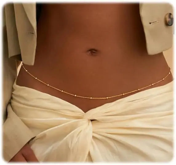 Waterproof Waist Chains for Women 14K Gold Plated STAINLESS STEEL Layered Cuban Pearl Satellite Beads Belly Belt Body Jewelry