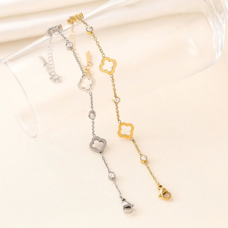 EVISPOL Fashion Stainless Steel Clover Flower Bracelet Set for Women Stylish Gold Color Bangles Earring Piercing Jewelry Gifts
