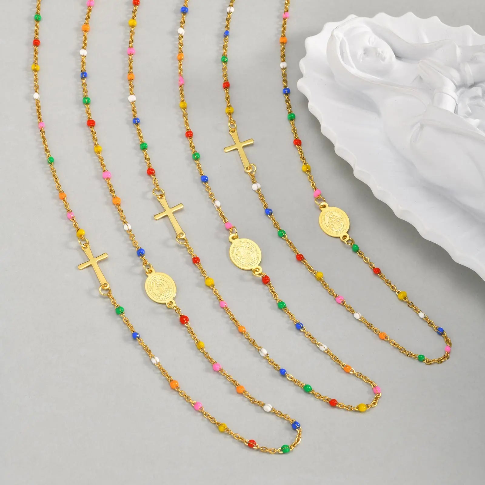 Bohemian Colored Bead Chains Virgin Cross Necklace for Women,Stainless Steel St. Benedict Cross Necklaces,Holy Christian Jewelry