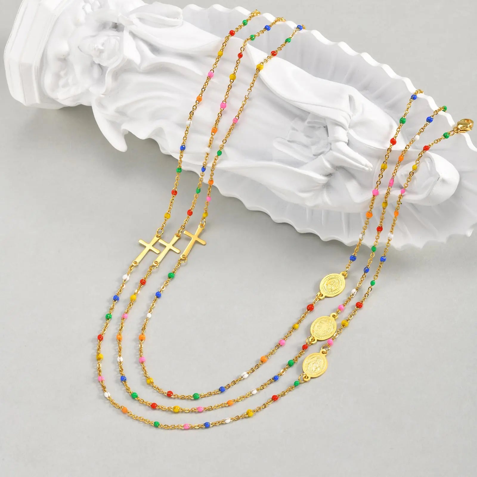 Bohemian Colored Bead Chains Virgin Cross Necklace for Women,Stainless Steel St. Benedict Cross Necklaces,Holy Christian Jewelry