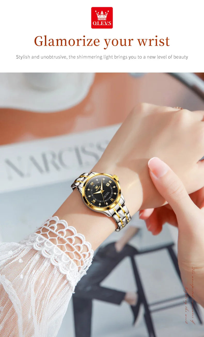 OLEVS Elegant Luxury Watches for Women Original Stainless Steel Calendar Luminous Waterproof Quartz Fashion Trend Ladies Watch