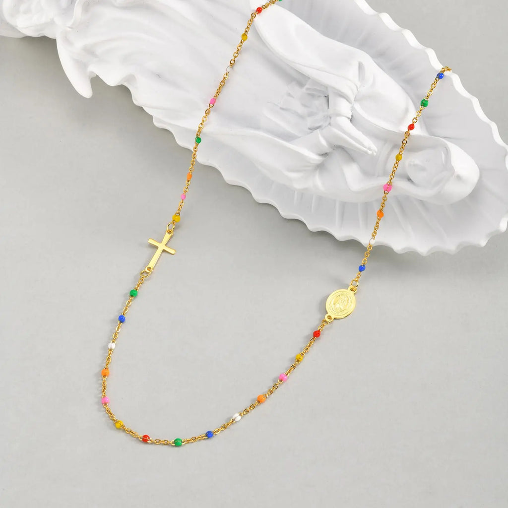 Bohemian Colored Bead Chains Virgin Cross Necklace for Women,Stainless Steel St. Benedict Cross Necklaces,Holy Christian Jewelry