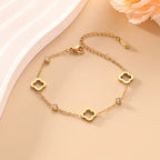 EVISPOL Fashion Stainless Steel Clover Flower Bracelet Set for Women Stylish Gold Color Bangles Earring Piercing Jewelry Gifts