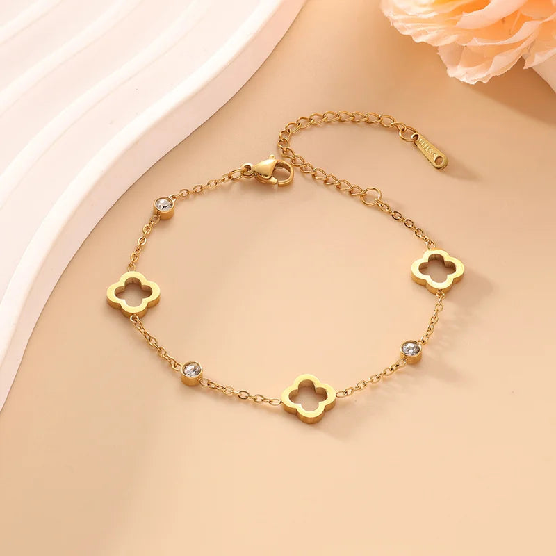 EVISPOL Fashion Stainless Steel Clover Flower Bracelet Set for Women Stylish Gold Color Bangles Earring Piercing Jewelry Gifts