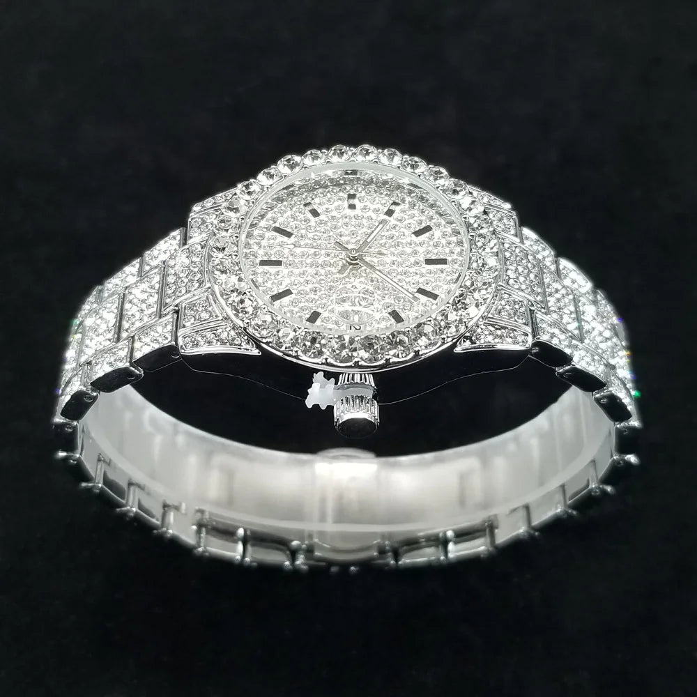 Elegant Full Diamond Female Watches Fashion Silver Round Stainless Steel Quartz Watch Iced Out Shiny Waterproof Gift for Women