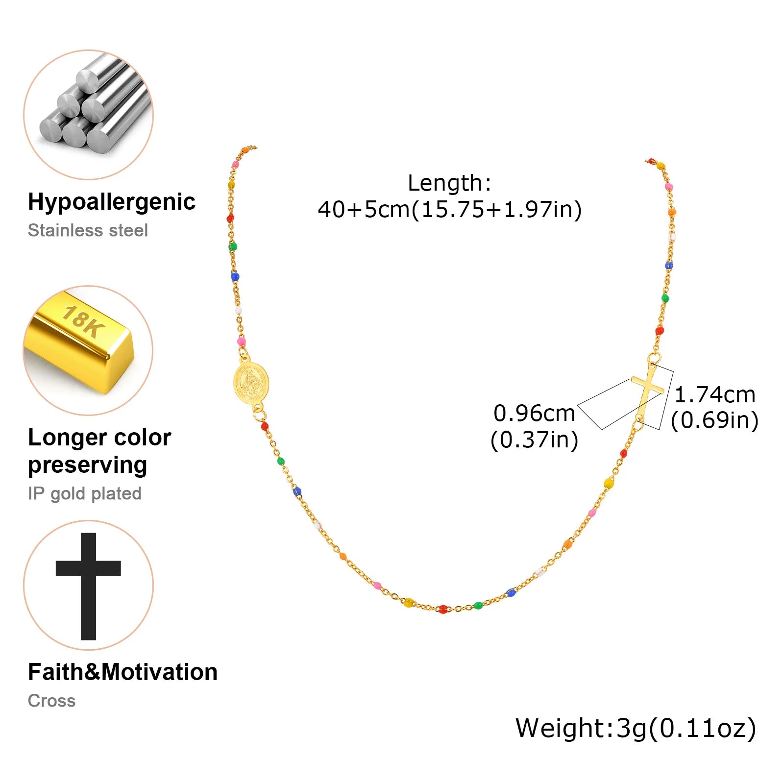 Bohemian Colored Bead Chains Virgin Cross Necklace for Women,Stainless Steel St. Benedict Cross Necklaces,Holy Christian Jewelry