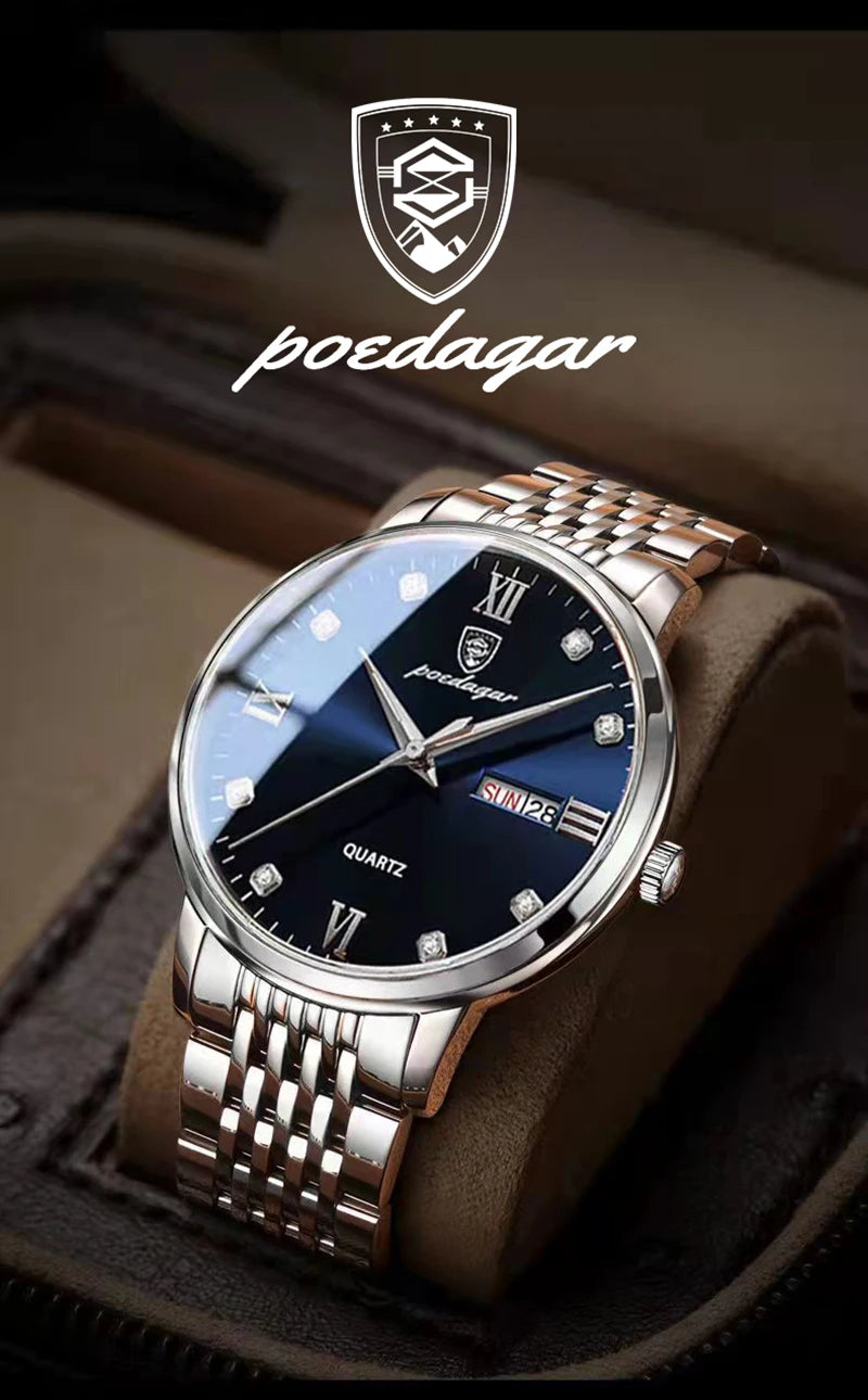 POEDAGAR Stainless Steel Men Quartz Wristwatch Waterproof Luxury Brand Fashion Sport Luminous Mens Watches Calendar Gifts Clocks